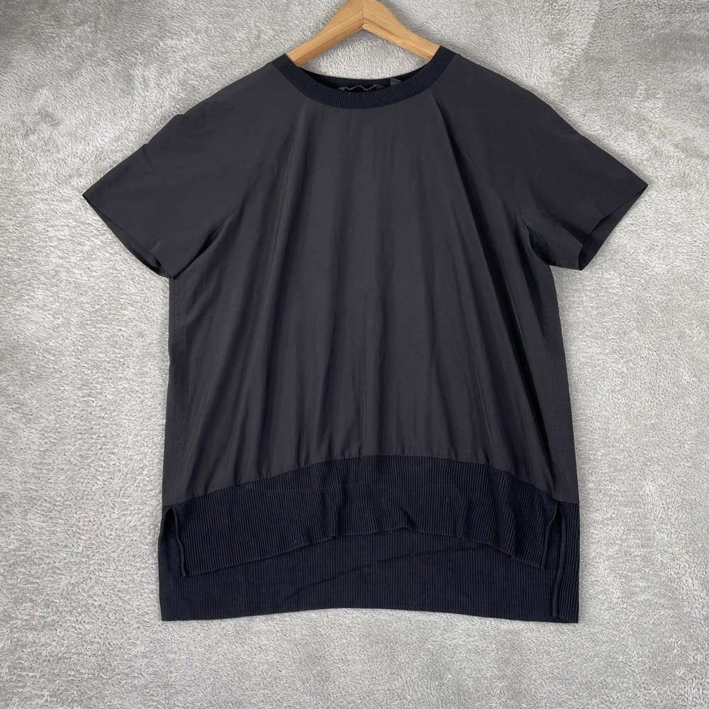 Athleta Shirt Womens Medium Black Mixed Media Ribbed Hem Side Slit Athleisure
